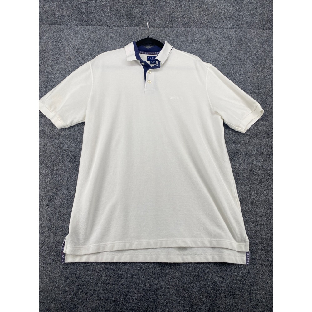 Guess Jeans Polo Shirt Mens Large White Navy Short Sleeve Cotton Pique Casual L